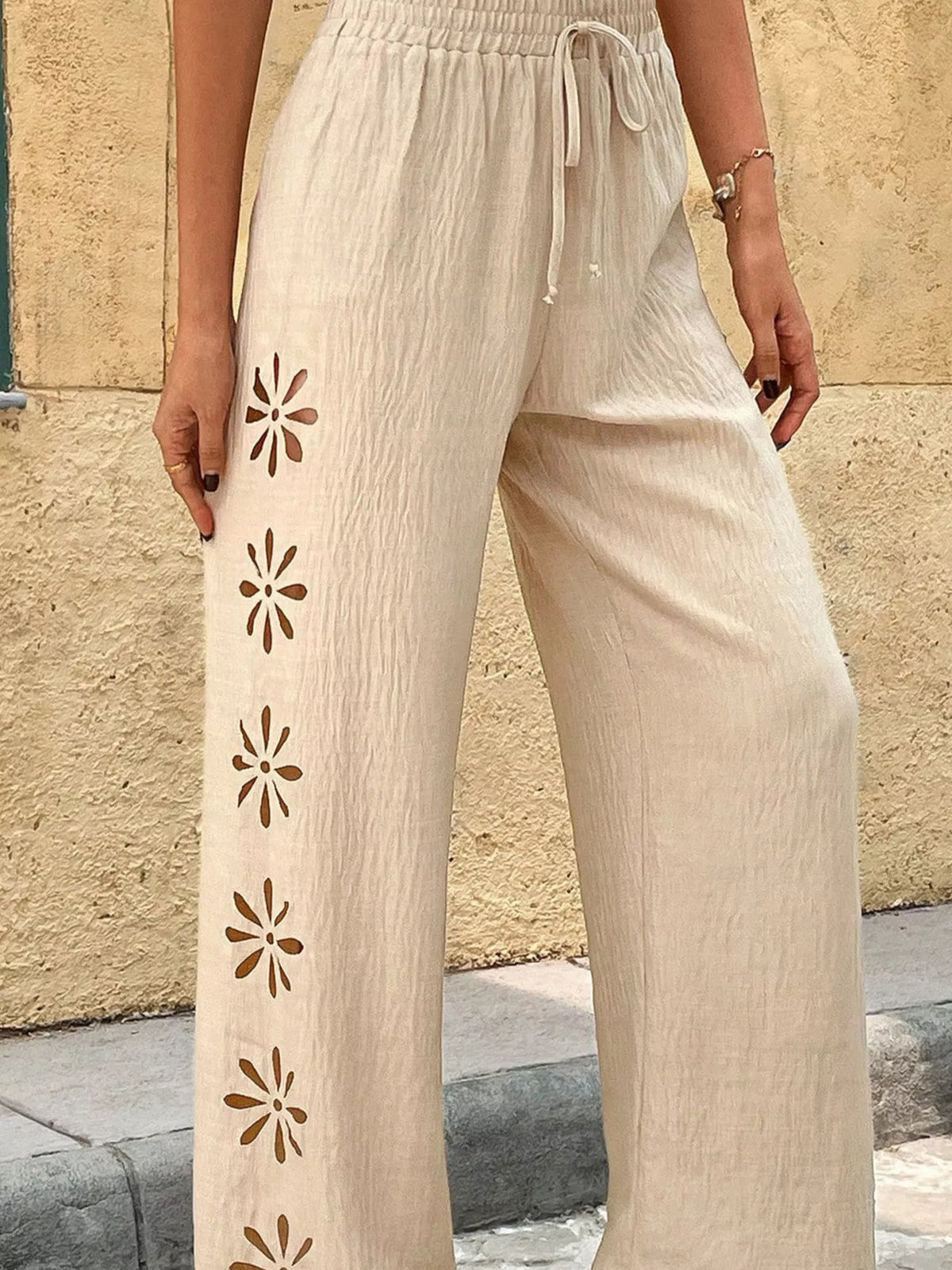 Apricot casual wide leg drawstring pants front view