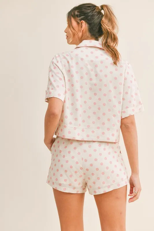 MABLE Polka Dot Collar Crop Top and Short Lounge Set - Fashorio