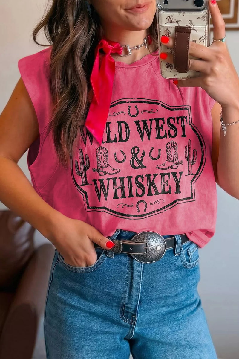 Deep rose muscle tank with a washed western print shown from the front