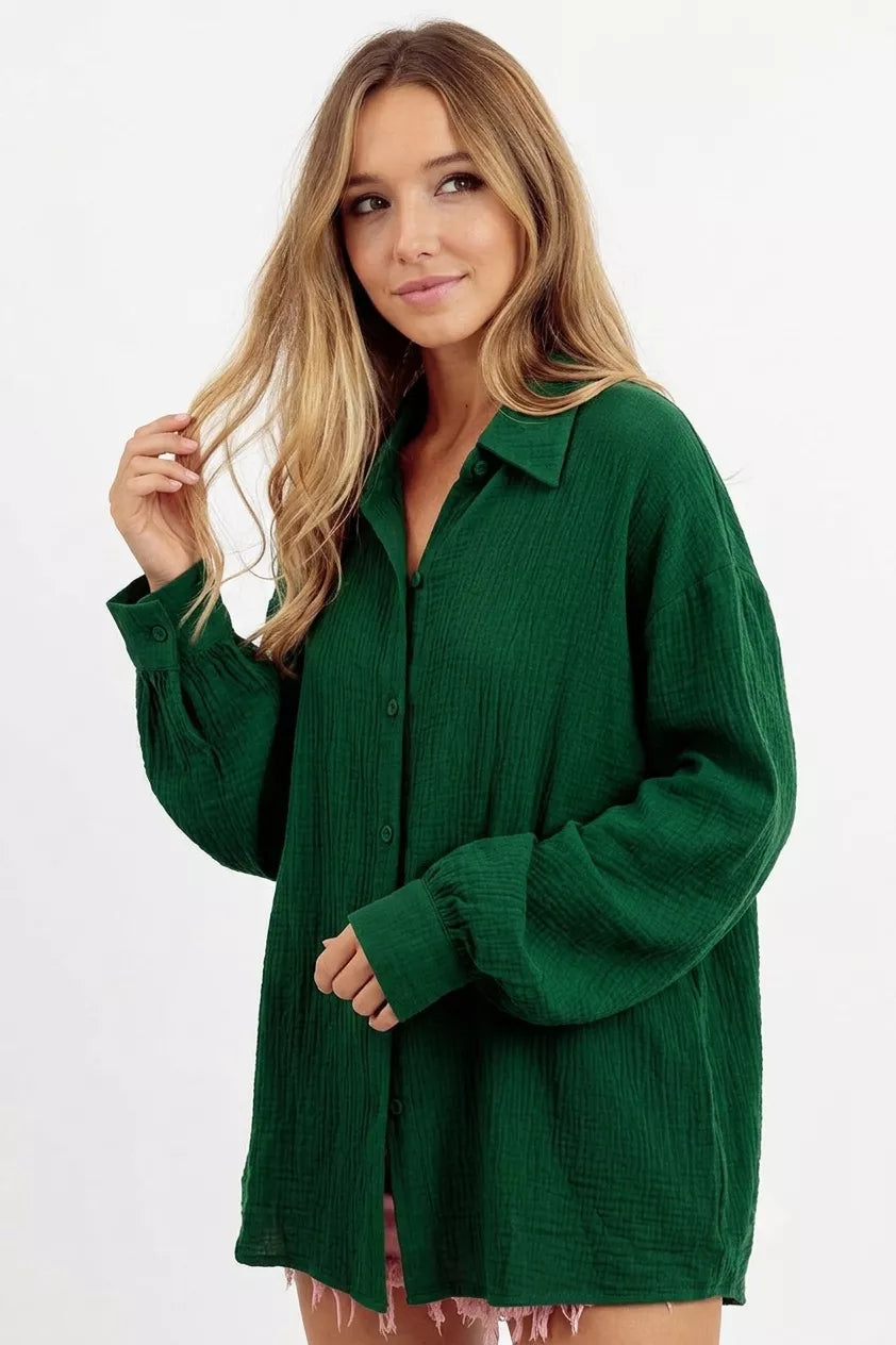 Green wrinkled gauze button up shirt side view
