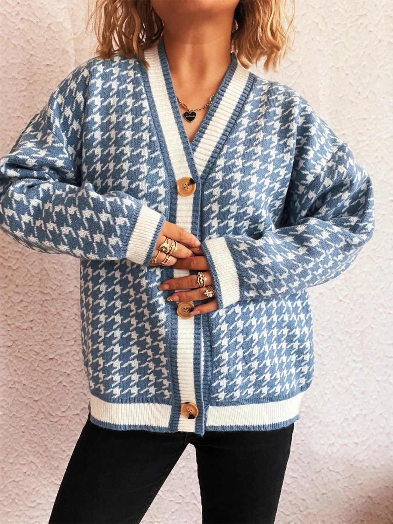 Houndstooth Pattern V-Neck Button-Up Cardigan Blue One Size - Fashorio