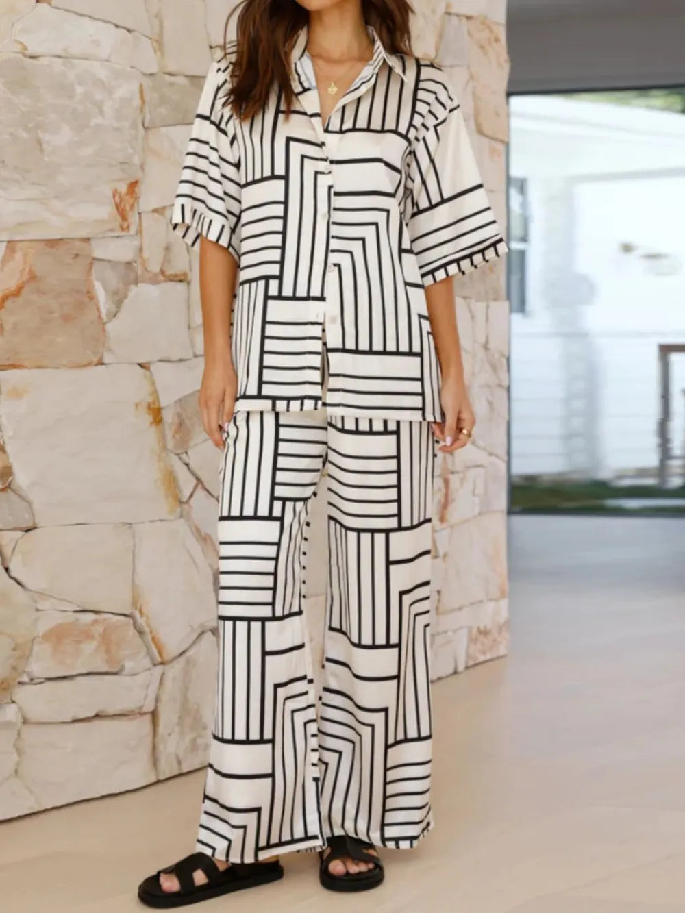 Button down half sleeve top and pants set white front view