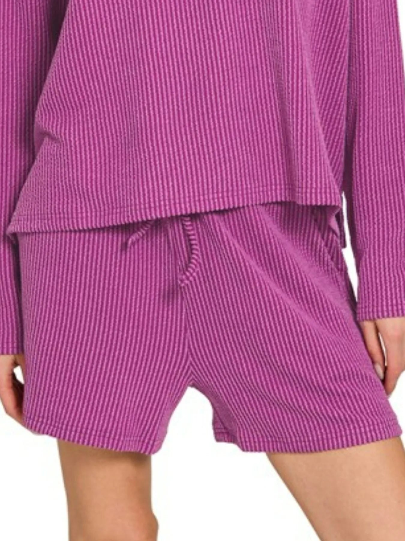 Zenana Corded Rib Long Sleeve Tee and Shorts Set - Fashorio