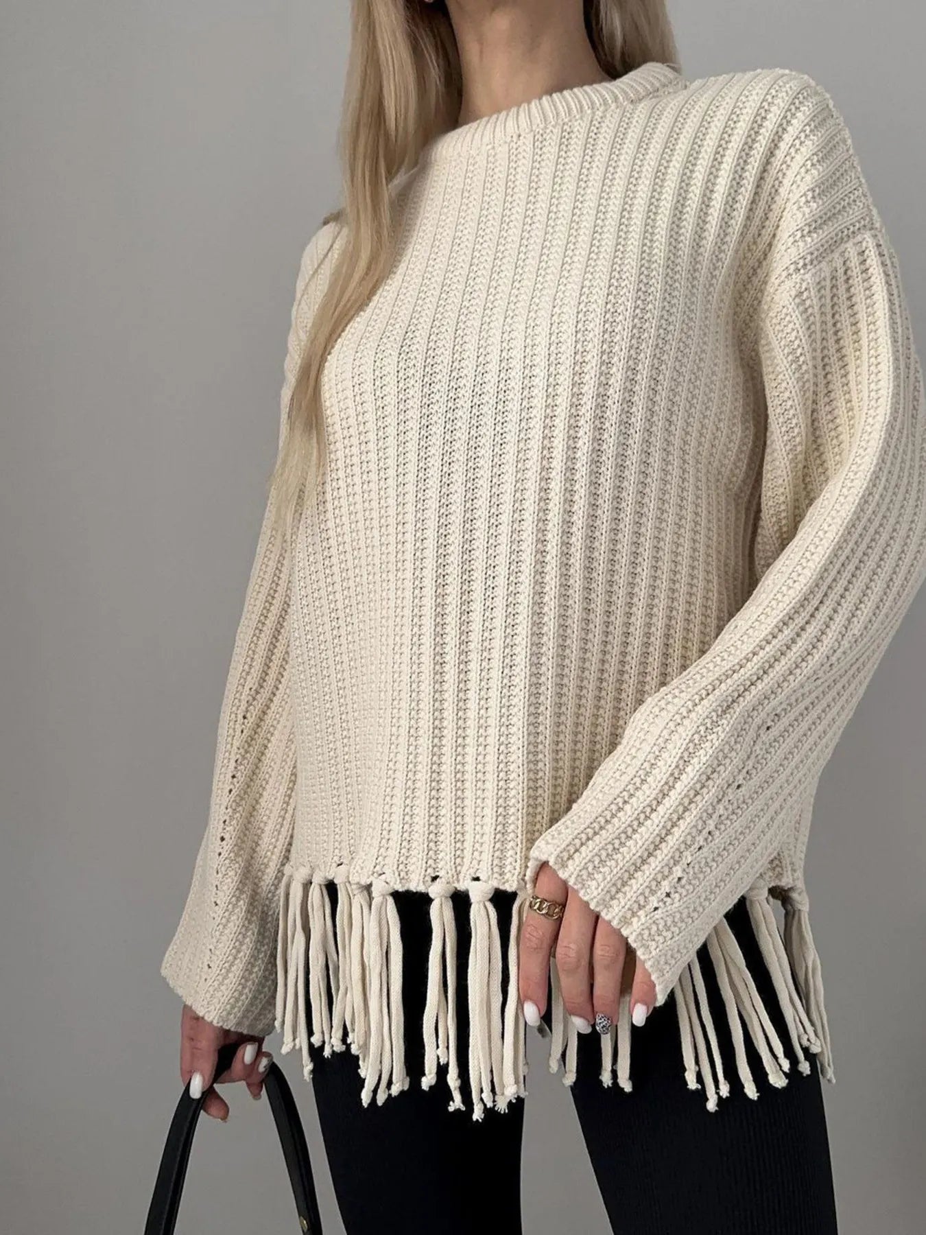 Fringe Round Neck Long Sleeve Sweater - Fashorio