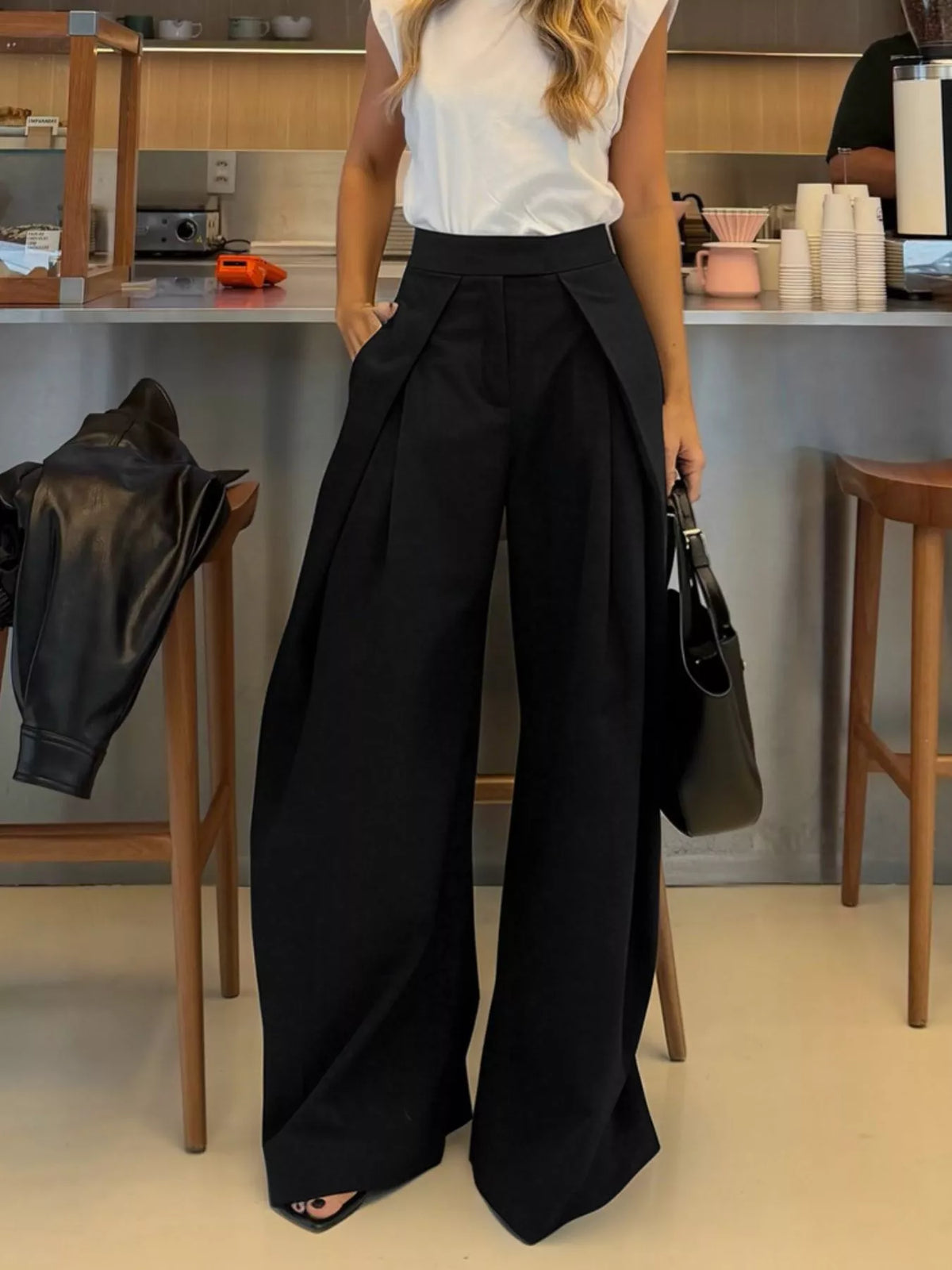 Back view of the high waisted wide leg pants