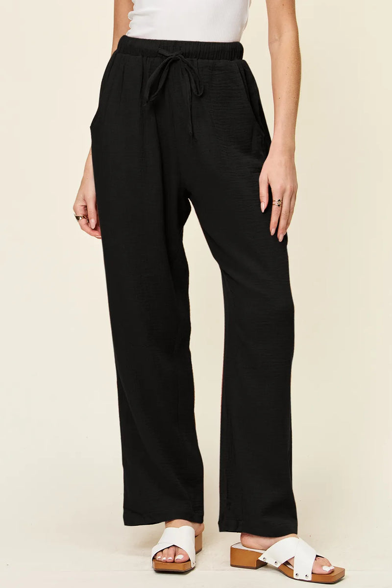 Textured drawstring straight leg pants front view