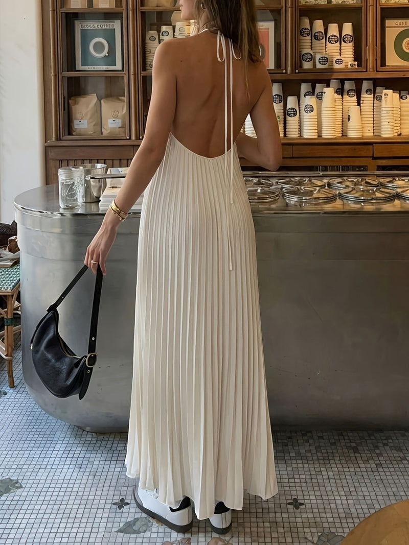 Halter neck pleated backless maxi dress front view