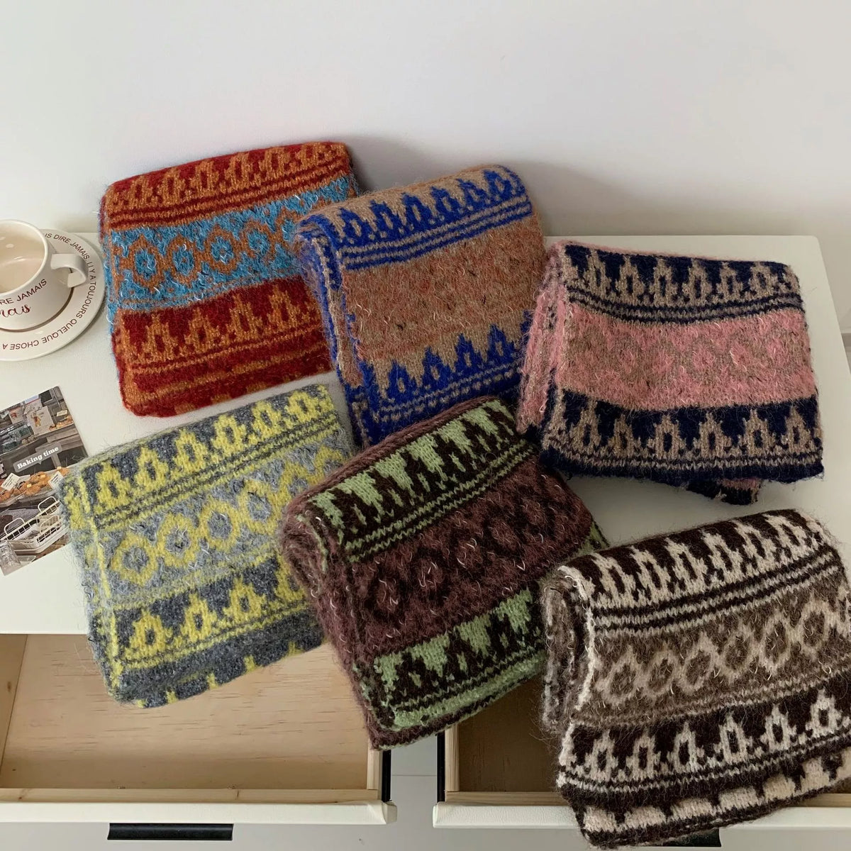 Close view of the vintage knit pattern