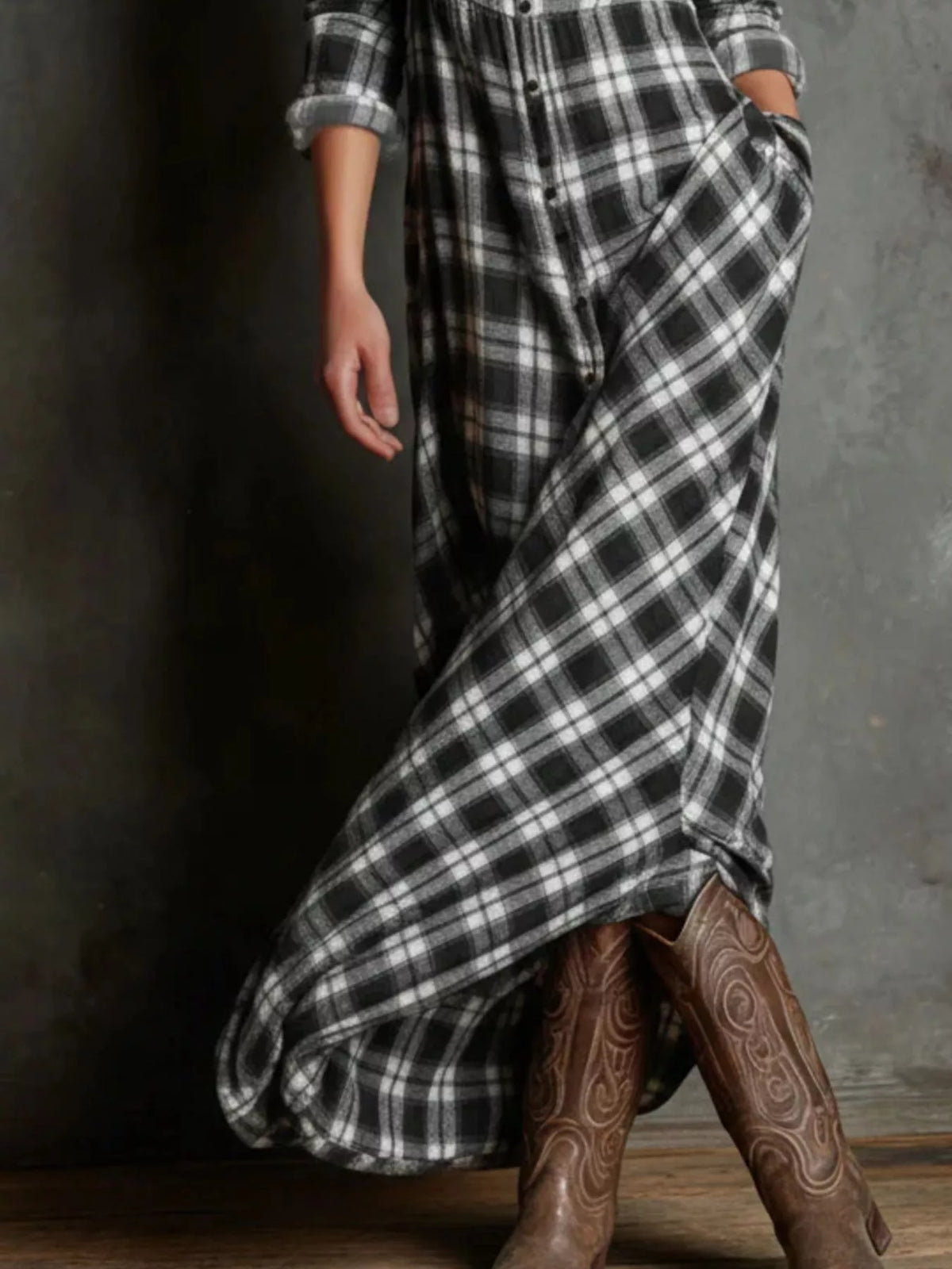 Plaid Button Down Maxi Shirt Dress Plus Size back view