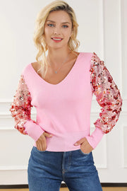 Sequin Long Sleeve V-Neck Sweater Carnation Pink - Fashorio