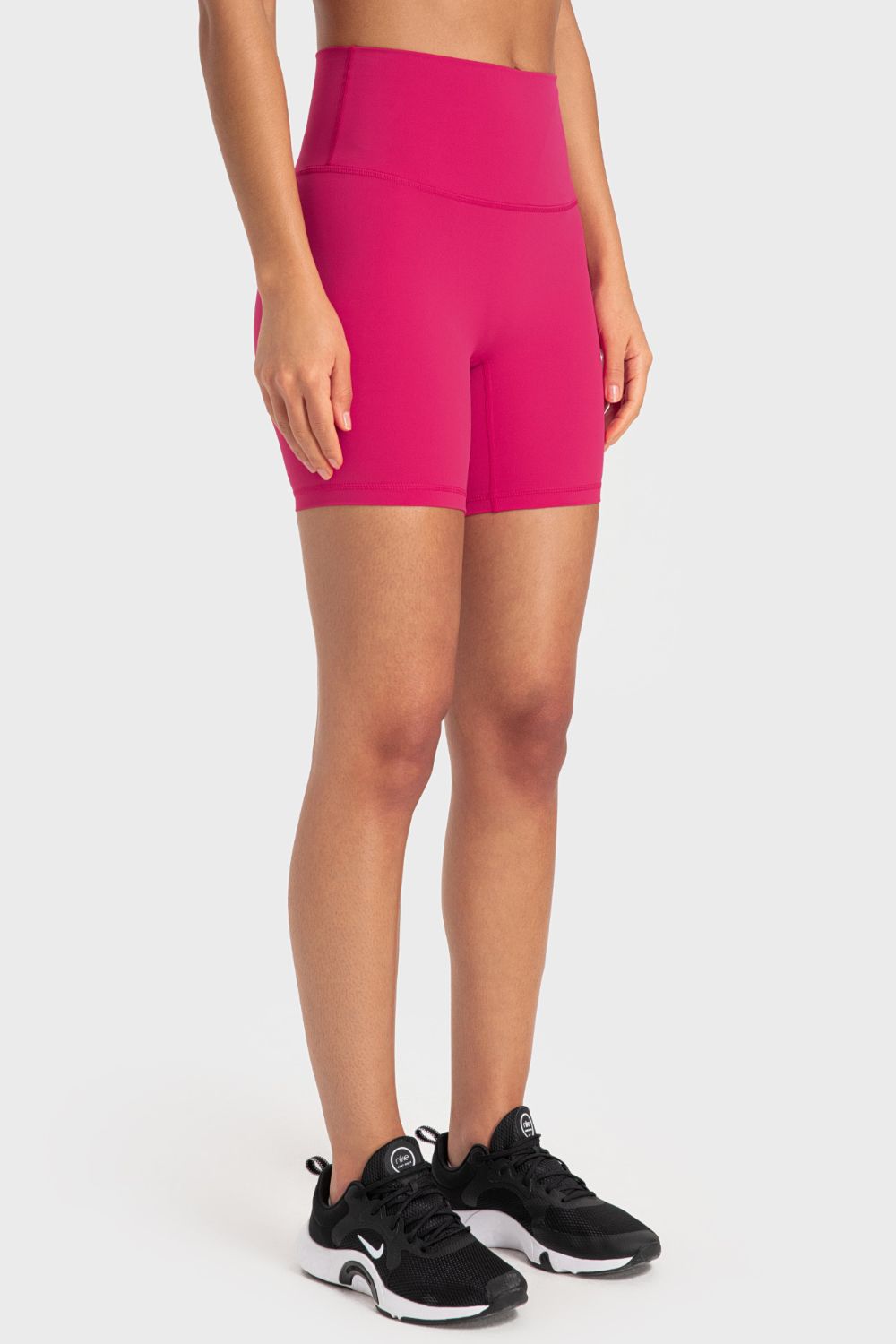 wide waistband biker shorts side view