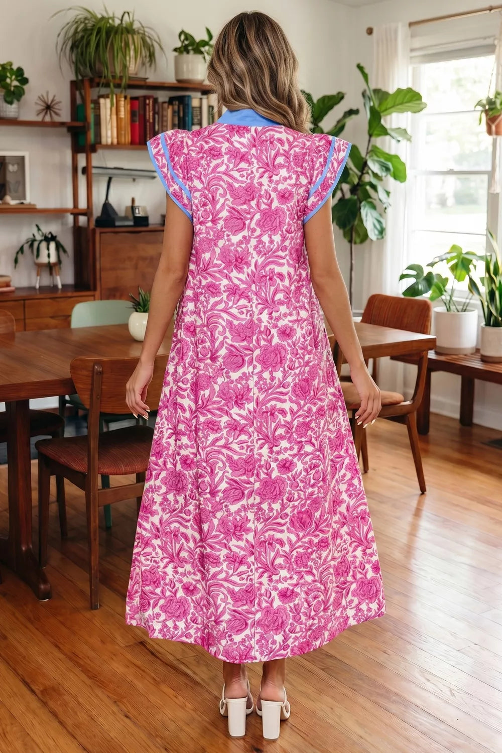 Pink floral ruffle cap sleeve maxi dress detail view