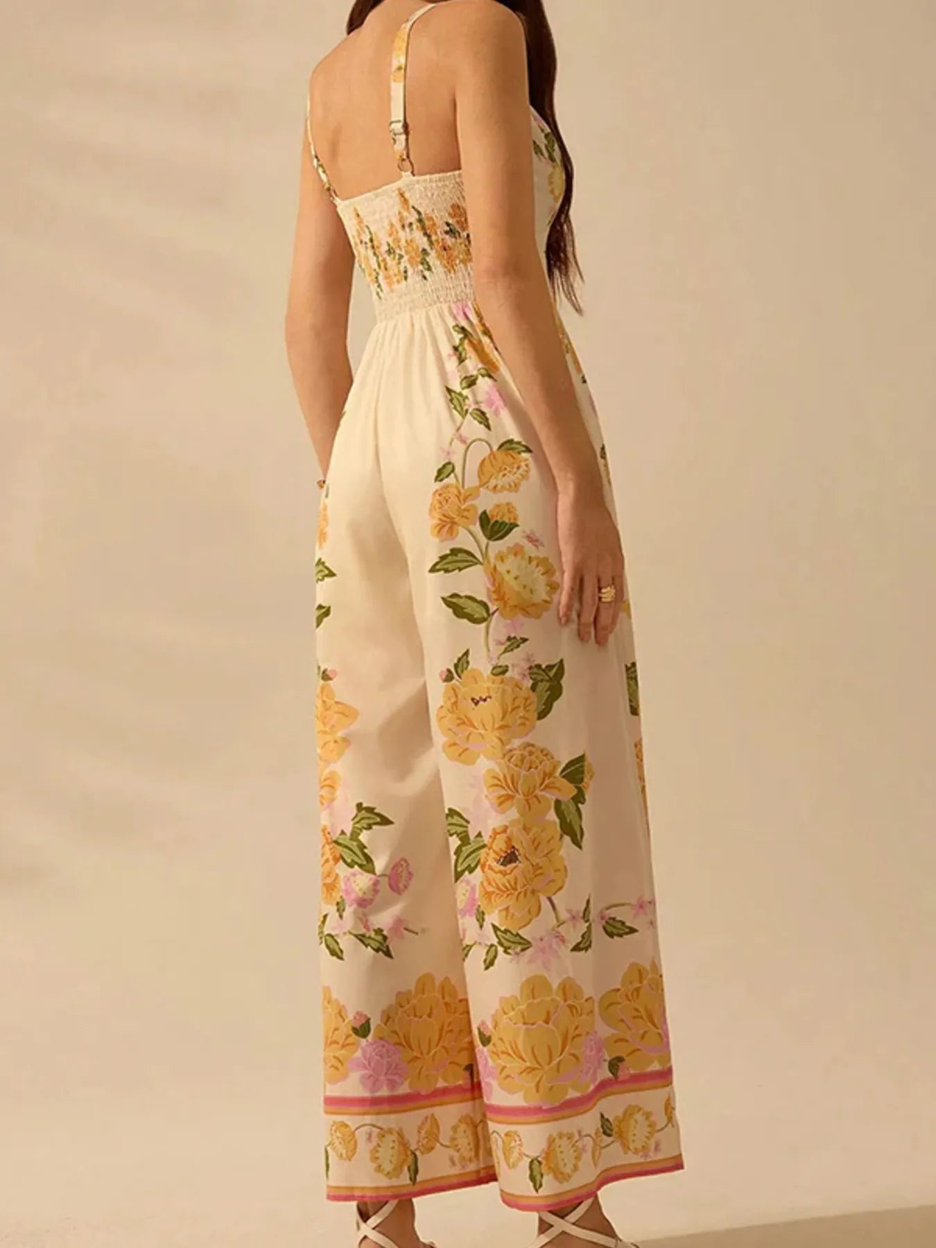 Floral Print Wide-Leg V-Neck Cami Jumpsuit - Fashorio
