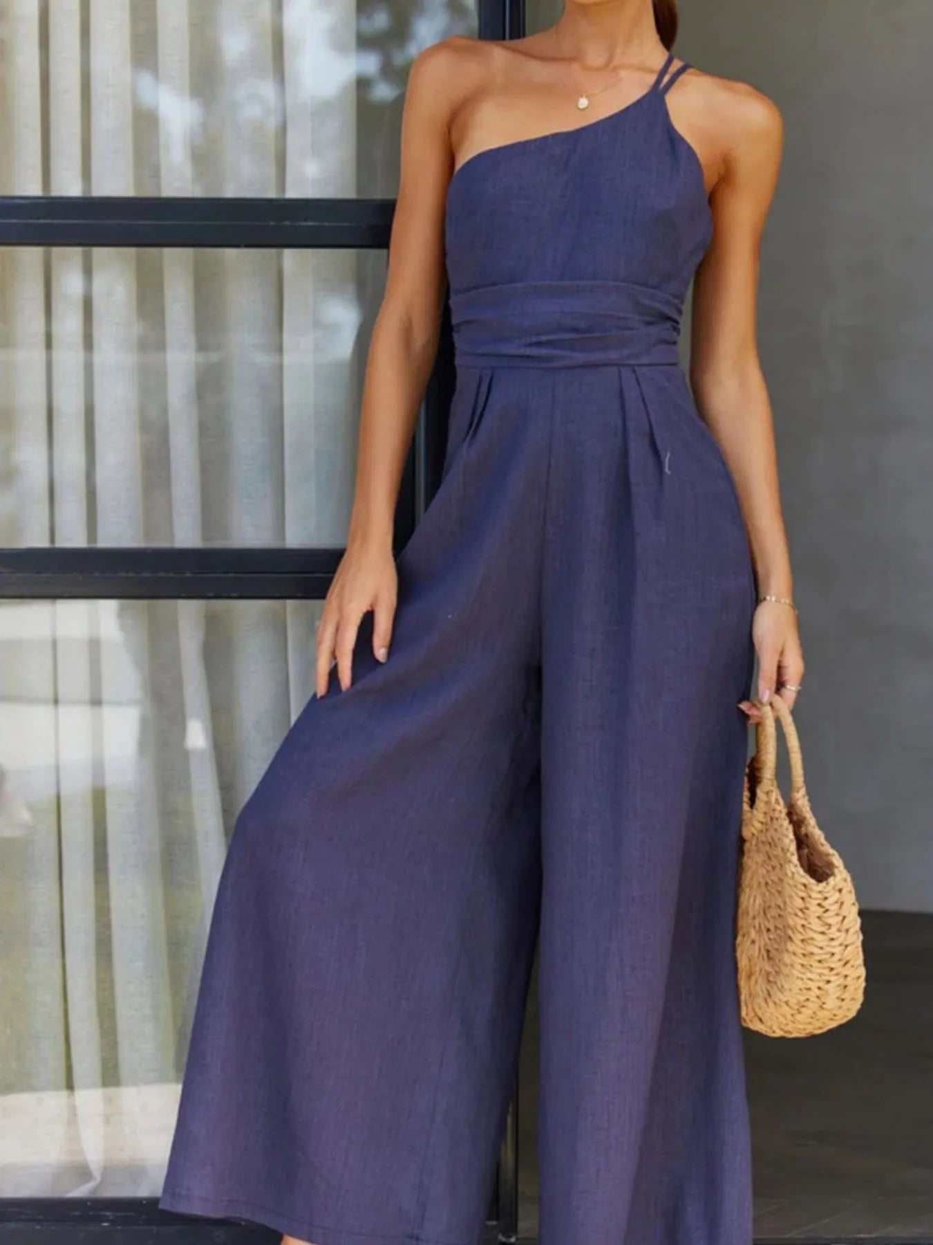 Single Shoulder Wide Leg Jumpsuit Blue - Fashorio