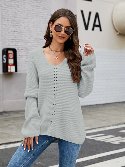 Openwork Dropped Shoulder Long Sleeve Sweater - Fashorio