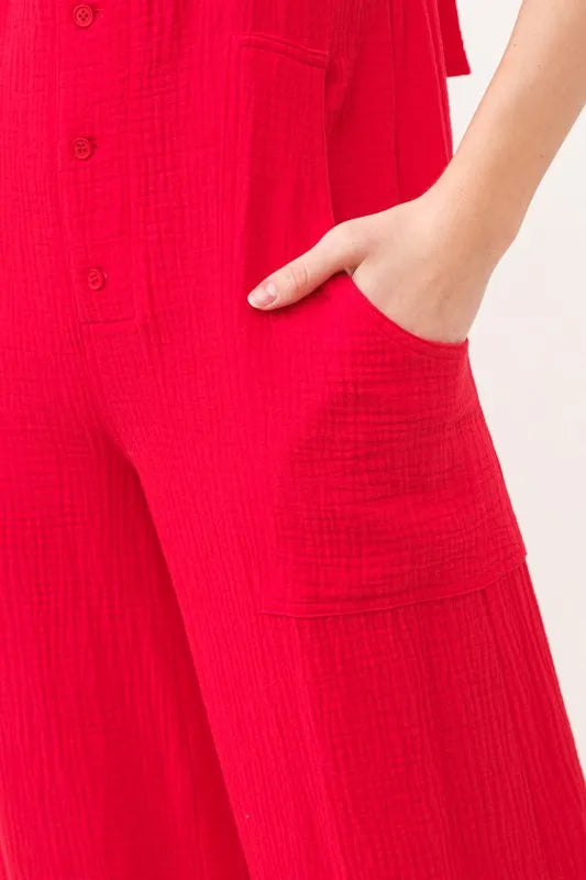 Gauze Loose Fit Tied Back Overalls close up