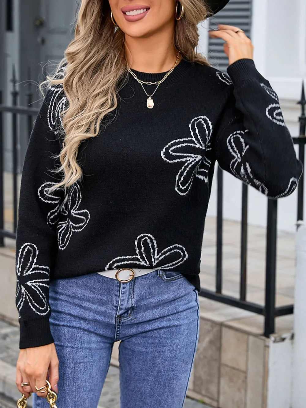 Flower Round Neck Dropped Shoulder Sweater, view 9
