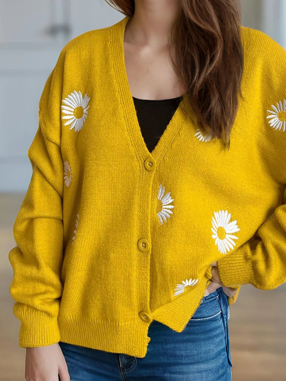 Daisy Button Up V-Neck Cardigan - Fashorio
