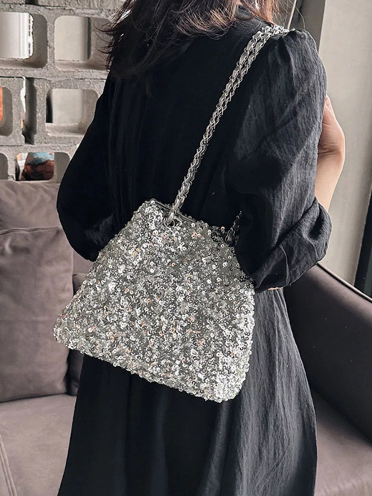 Sequin bucket bag interior view