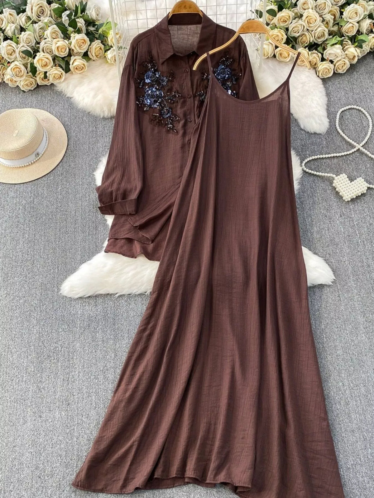 Sequin Flower Button Up Shirt and Cami Dress Set, view 10
