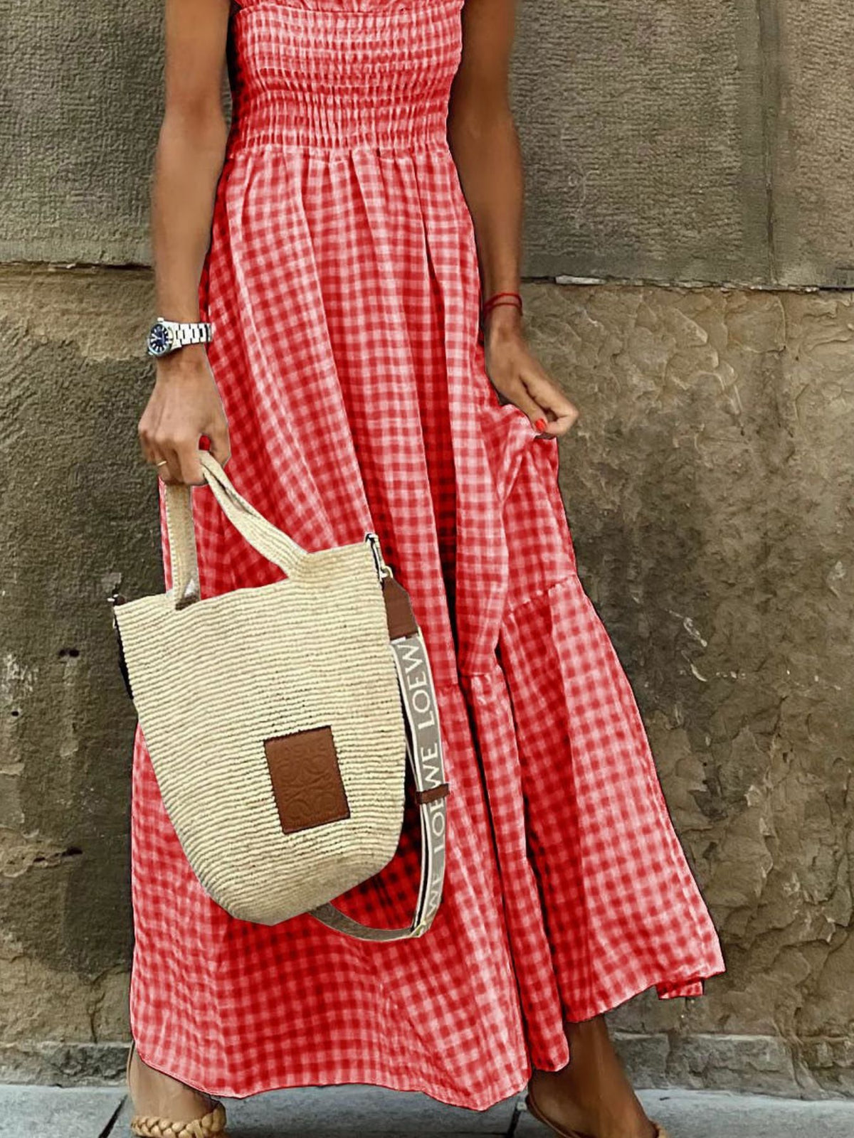 Plaid ruffle sleeve maxi dress close up view