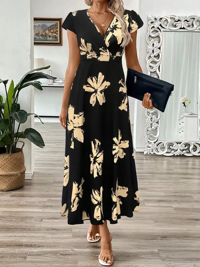 Surplice cap sleeve midi dress with pockets front view