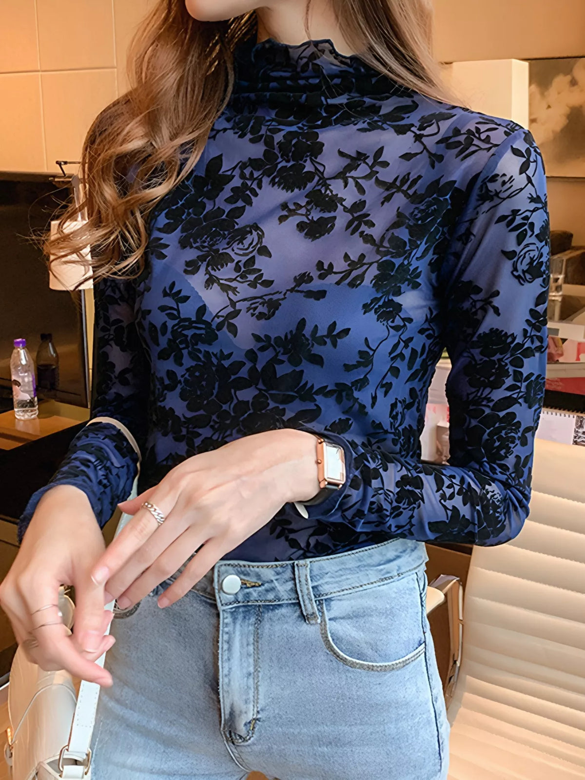 Floral Sheer Turtleneck Top back view