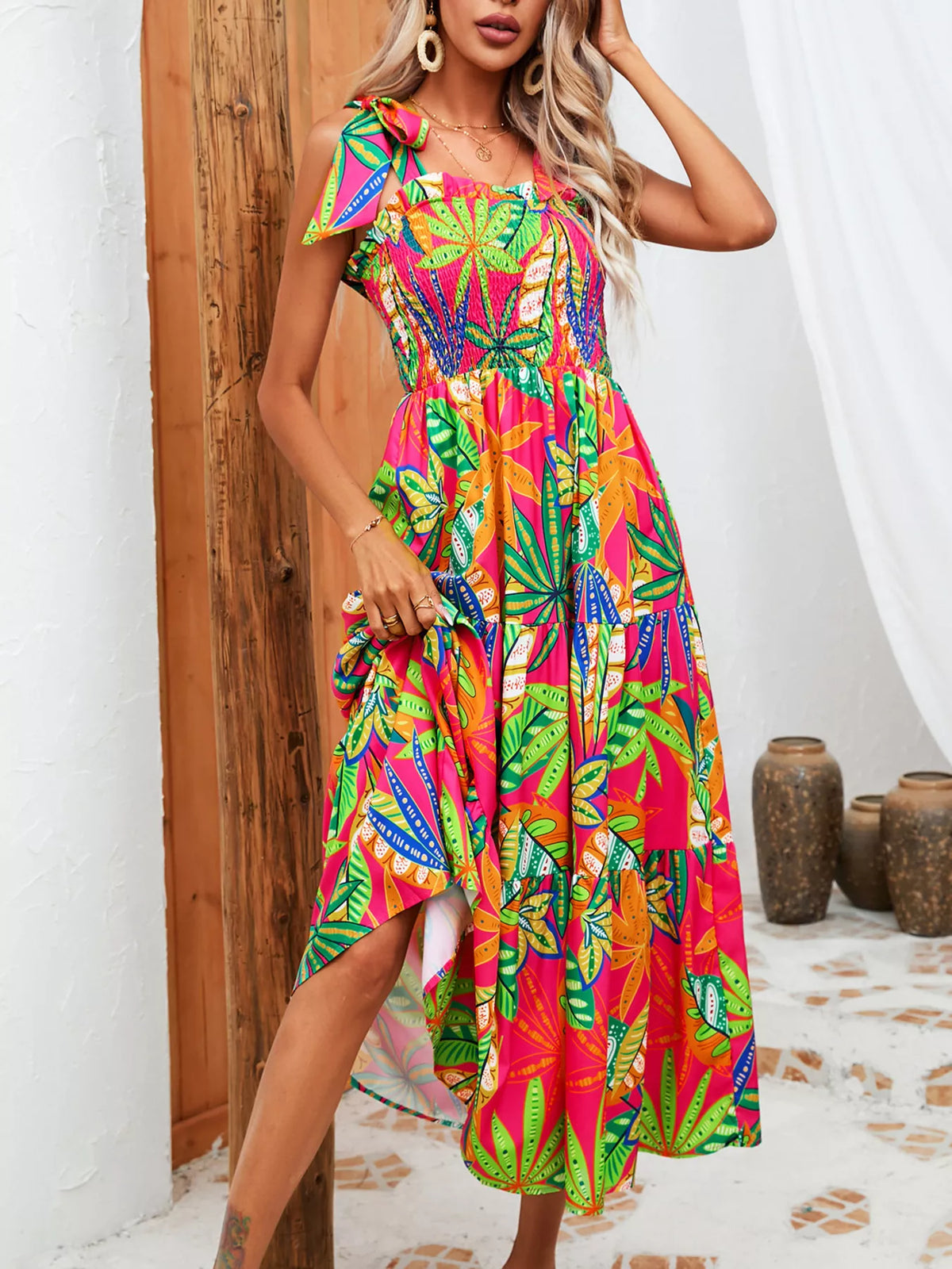 Tropical print smocked tie strap dress back view