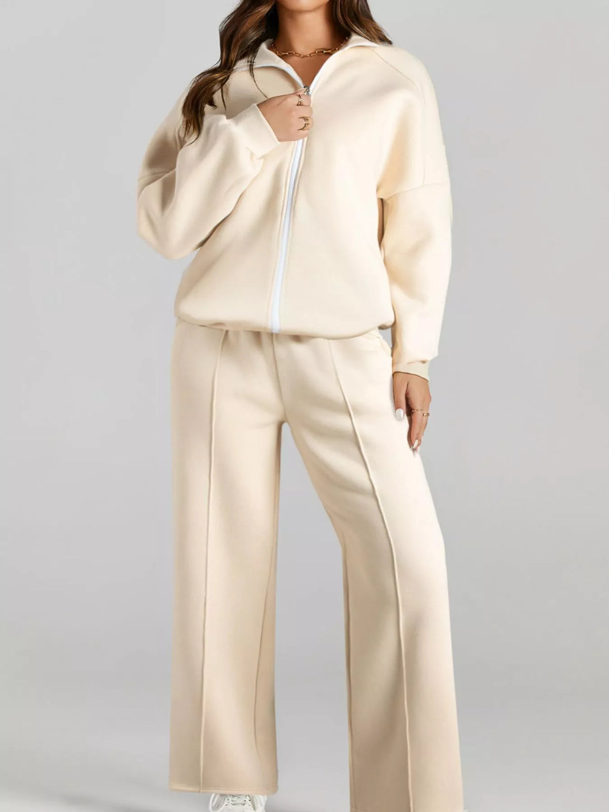 Drop Shoulder Zip Up Jacket and Drawstring Pants Active 2pcs Set back view
