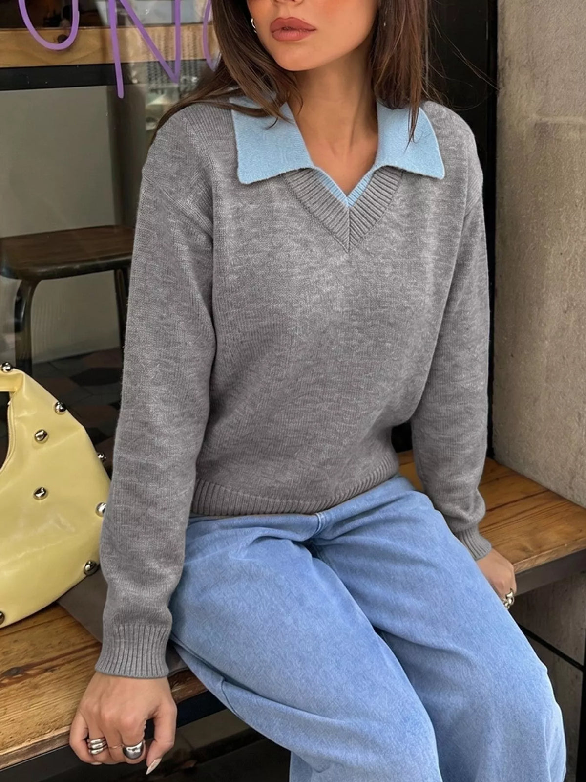 Contrast Collar Drop Shoulder Sweater detail
