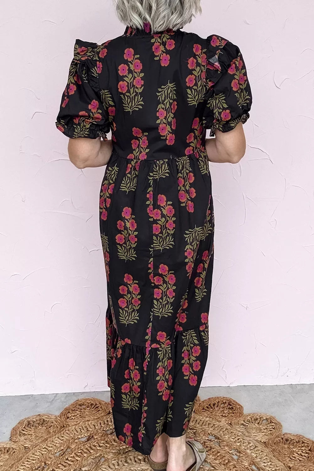 Black floral cotton tiered maxi dress with pockets side view