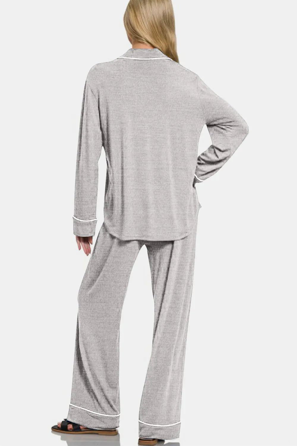 Zenana Button Down Long Sleeve Top and Pants Lounge Set - Fashorio