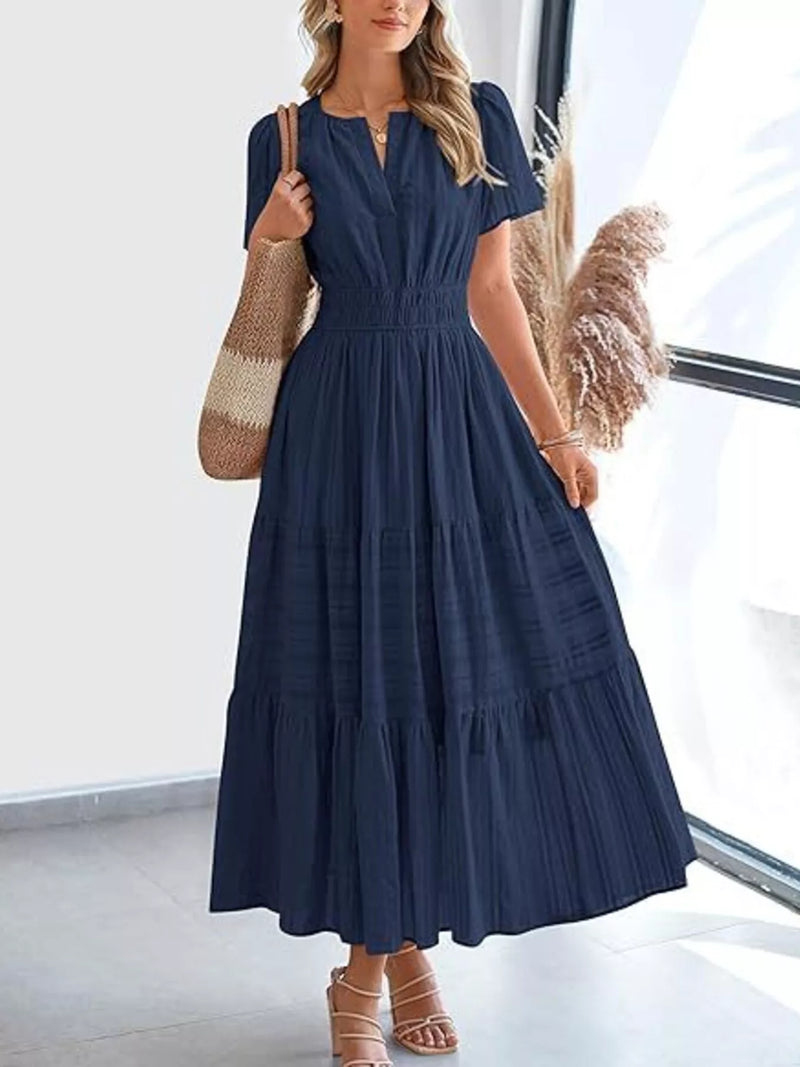 Short sleeve tiered midi dress front view