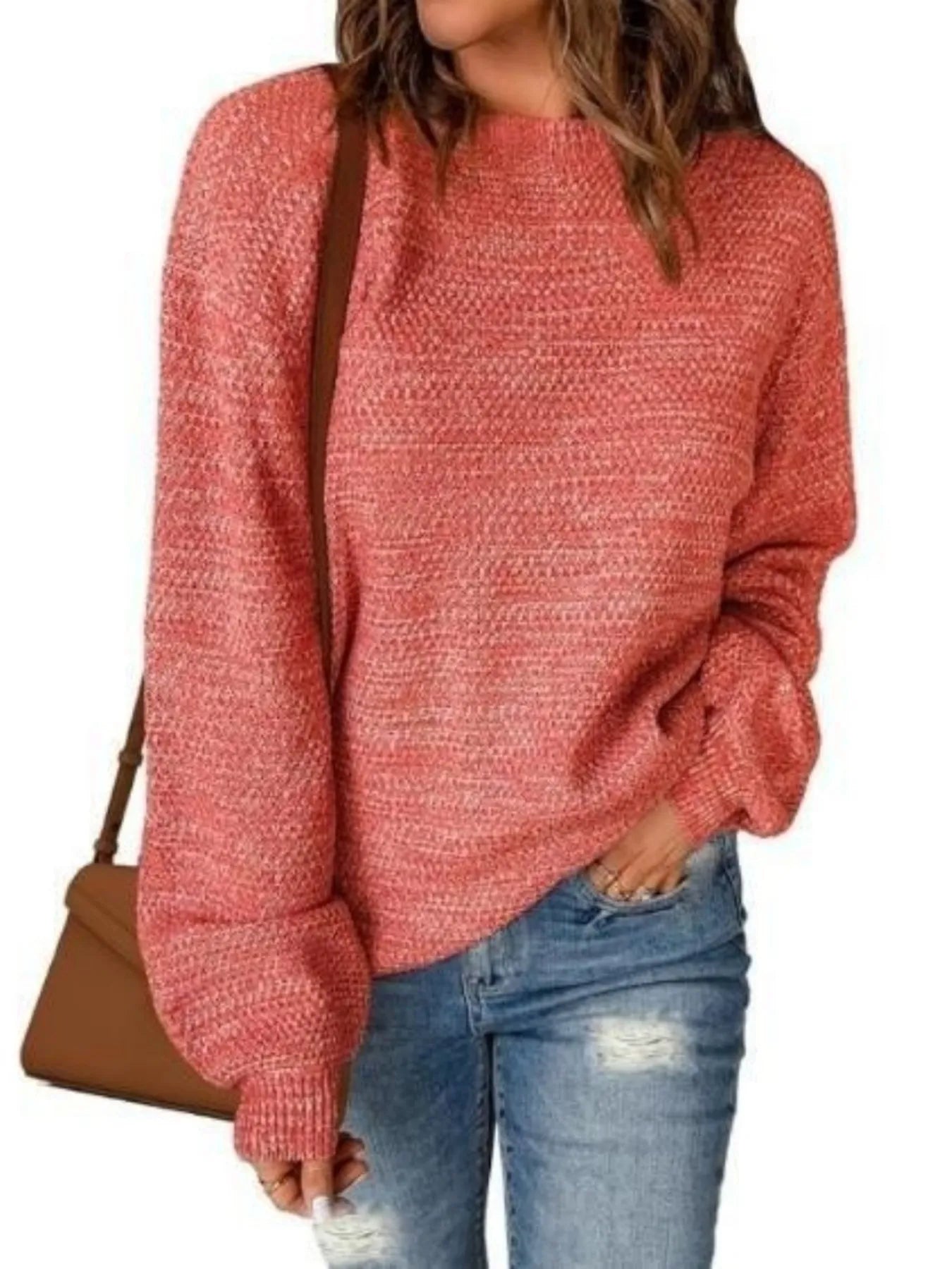 Round Neck Long Sleeve Sweater Rust Red - Fashorio