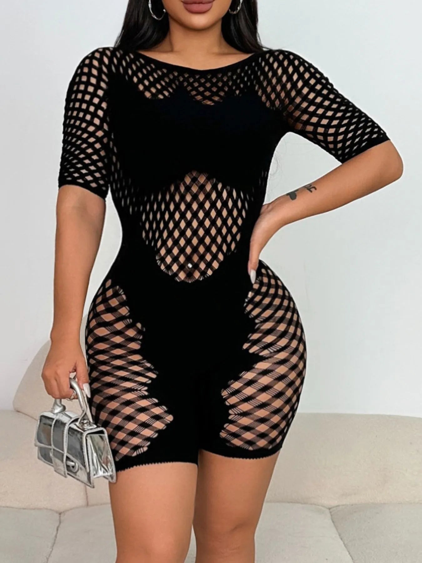 Fishnet Mesh Bodycon Romper - Fashorio