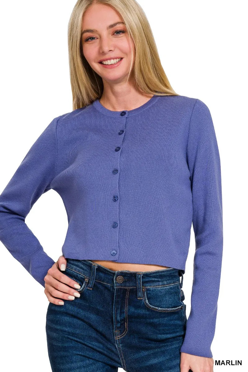 Zenana Button-Front Crewneck Long Sleeve Cropped Cardigan - Fashorio