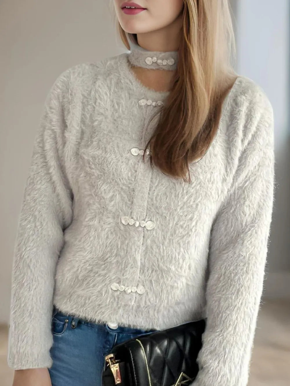 Cutout Knot Button Long Sleeve Cardigan Light Gray One Size - Fashorio