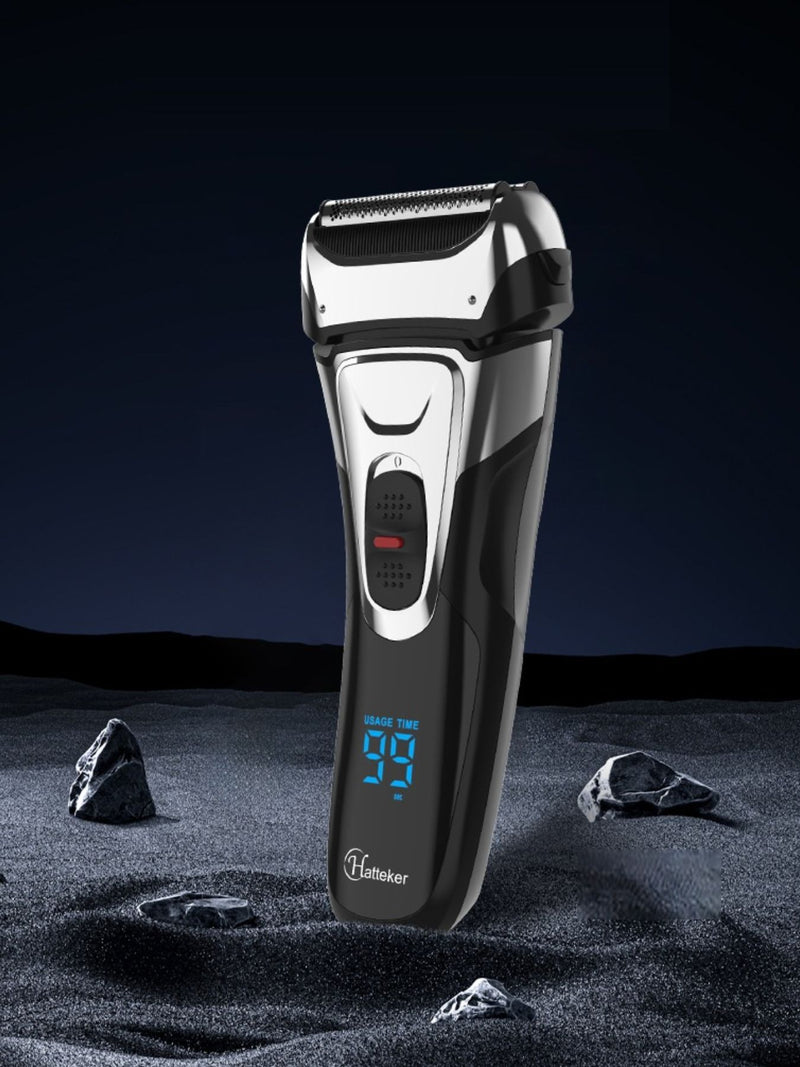 Black electric foil shaver with LED display front view