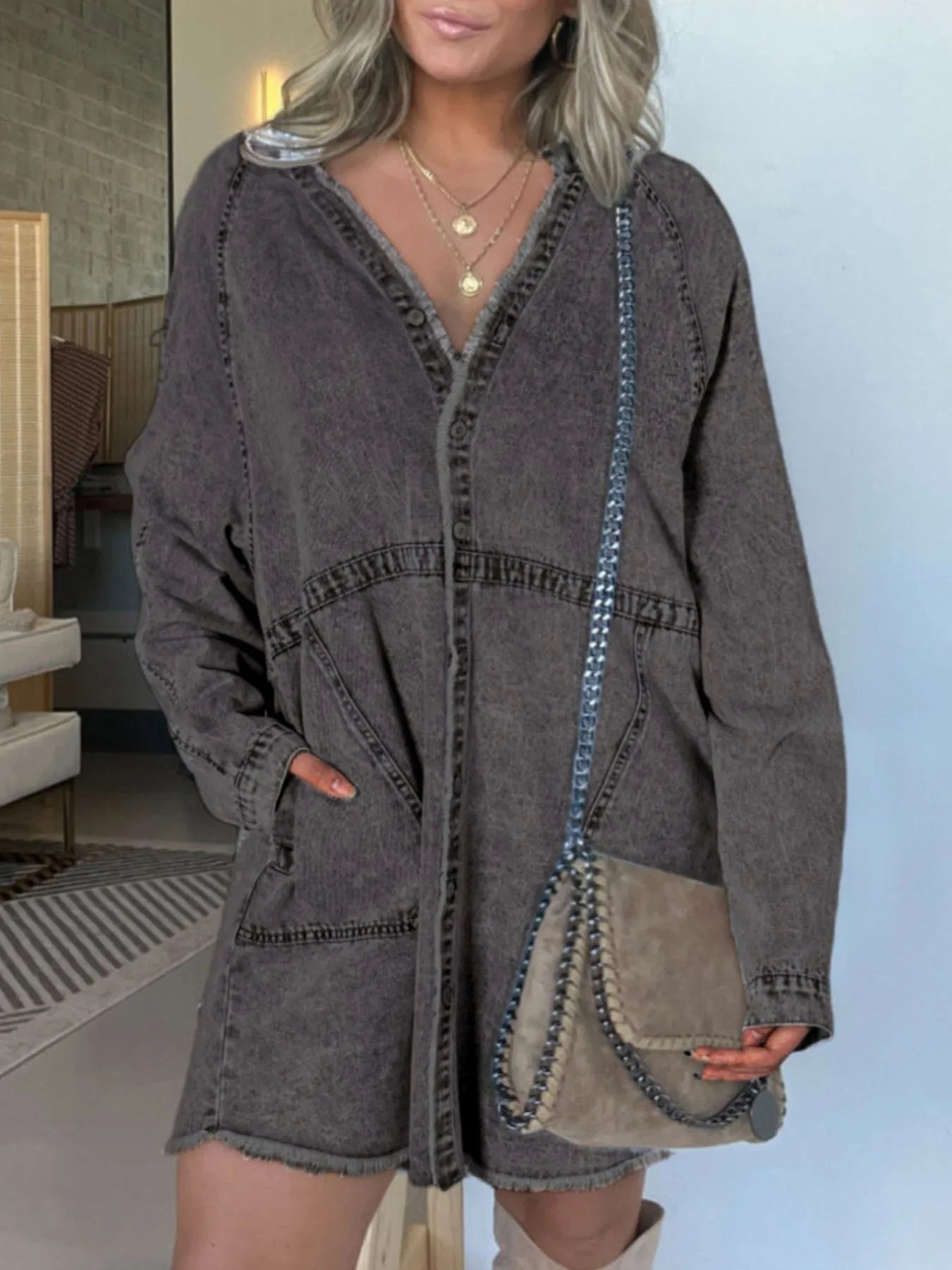 Full Size Button-Front Long Sleeve Denim Shirt Dress Plus Size Washed Black - Fashorio