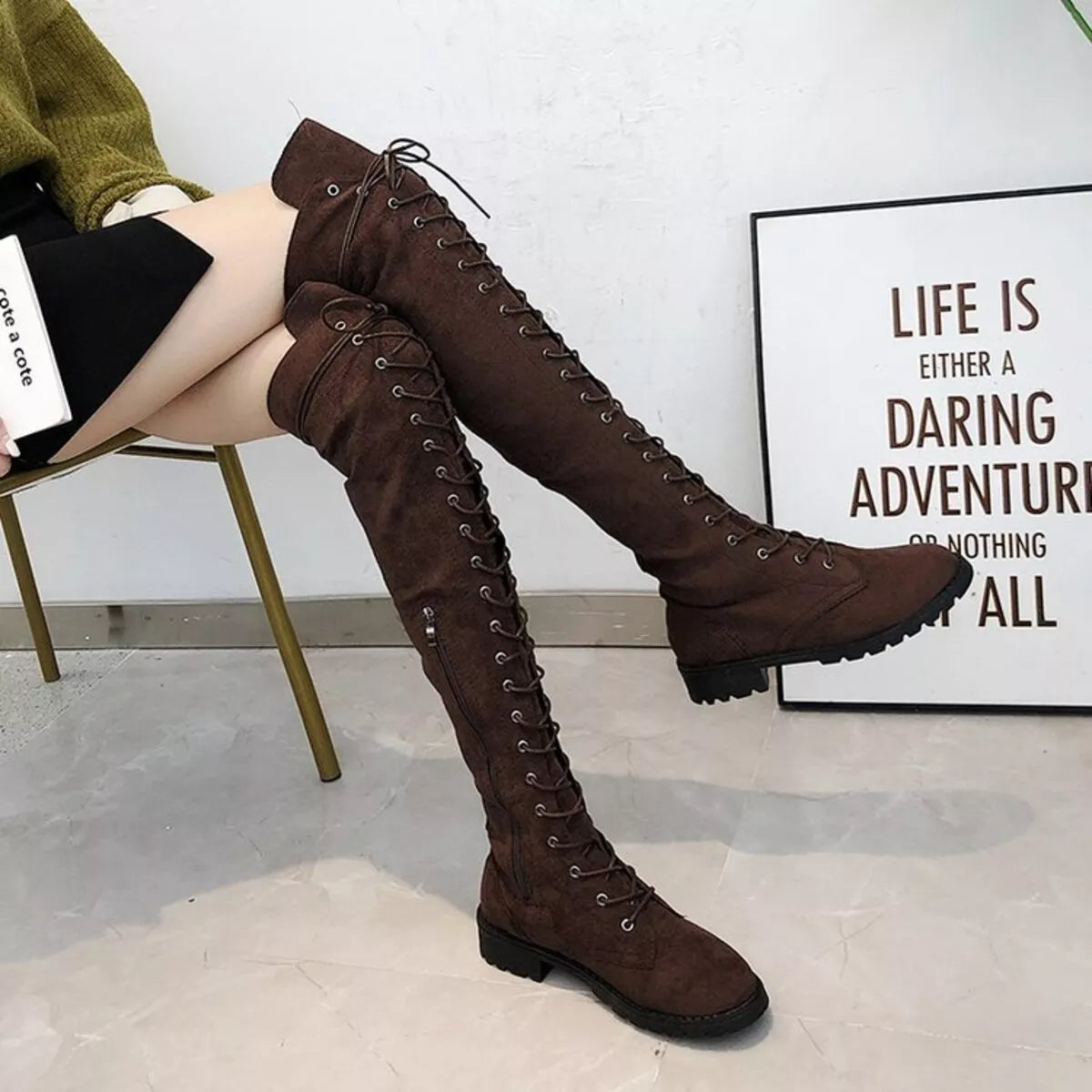 Lace up over the knee boots full length view