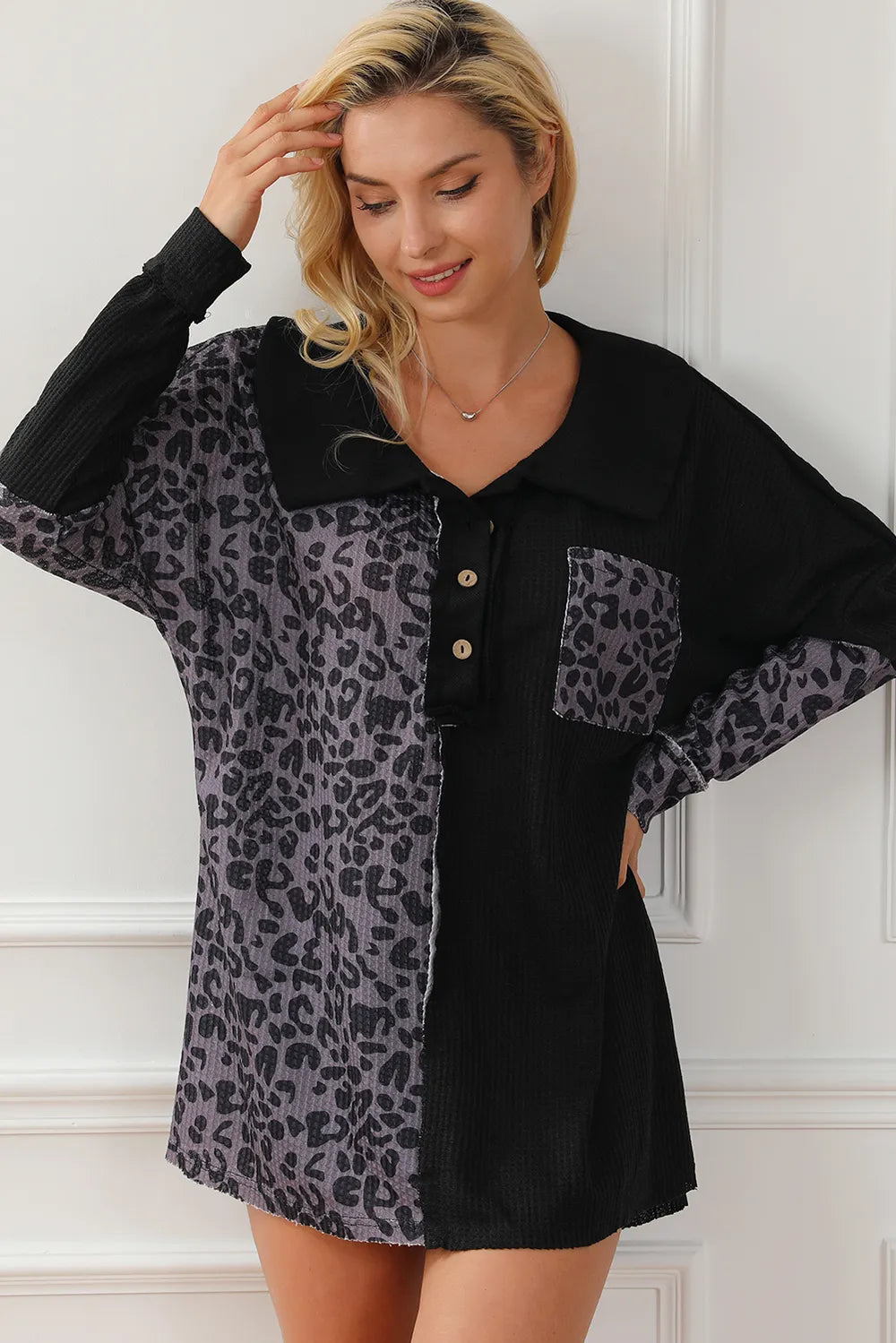 Half Button Leopard Collared Neck Blouse - Fashorio