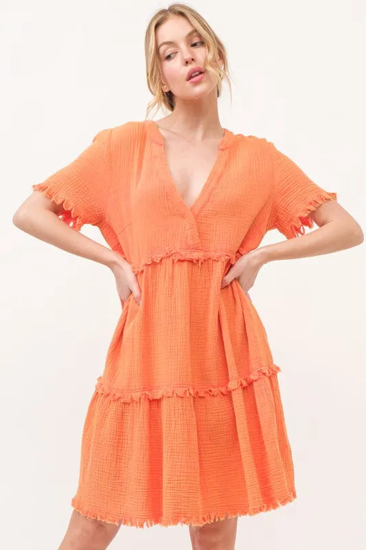 Washed Frayed Detail Tiered Dress