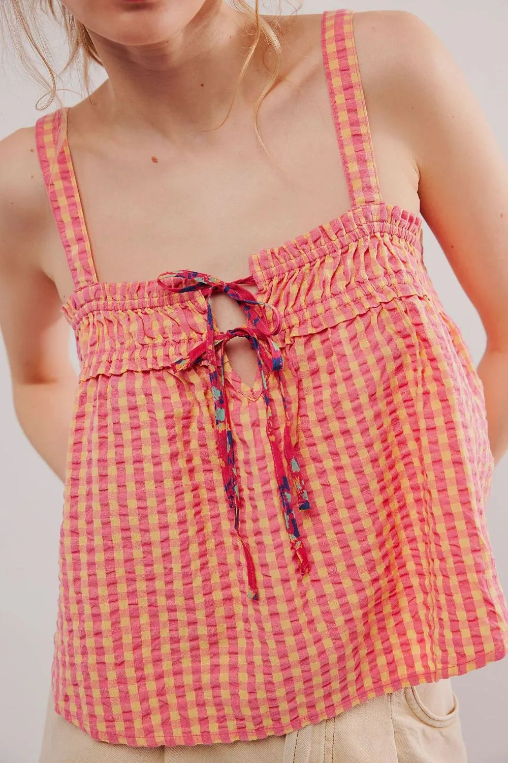 Tied Front Textured Square Neck Cami Top