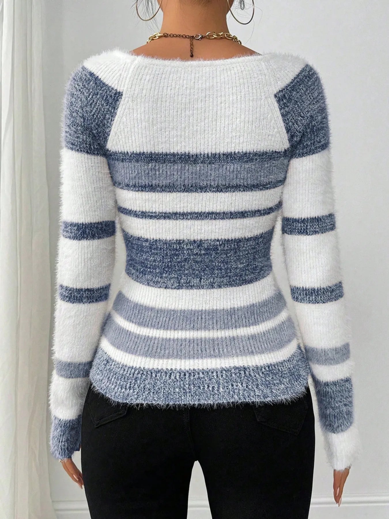 Striped Fuzzy Long Sleeve Sweater - Fashorio