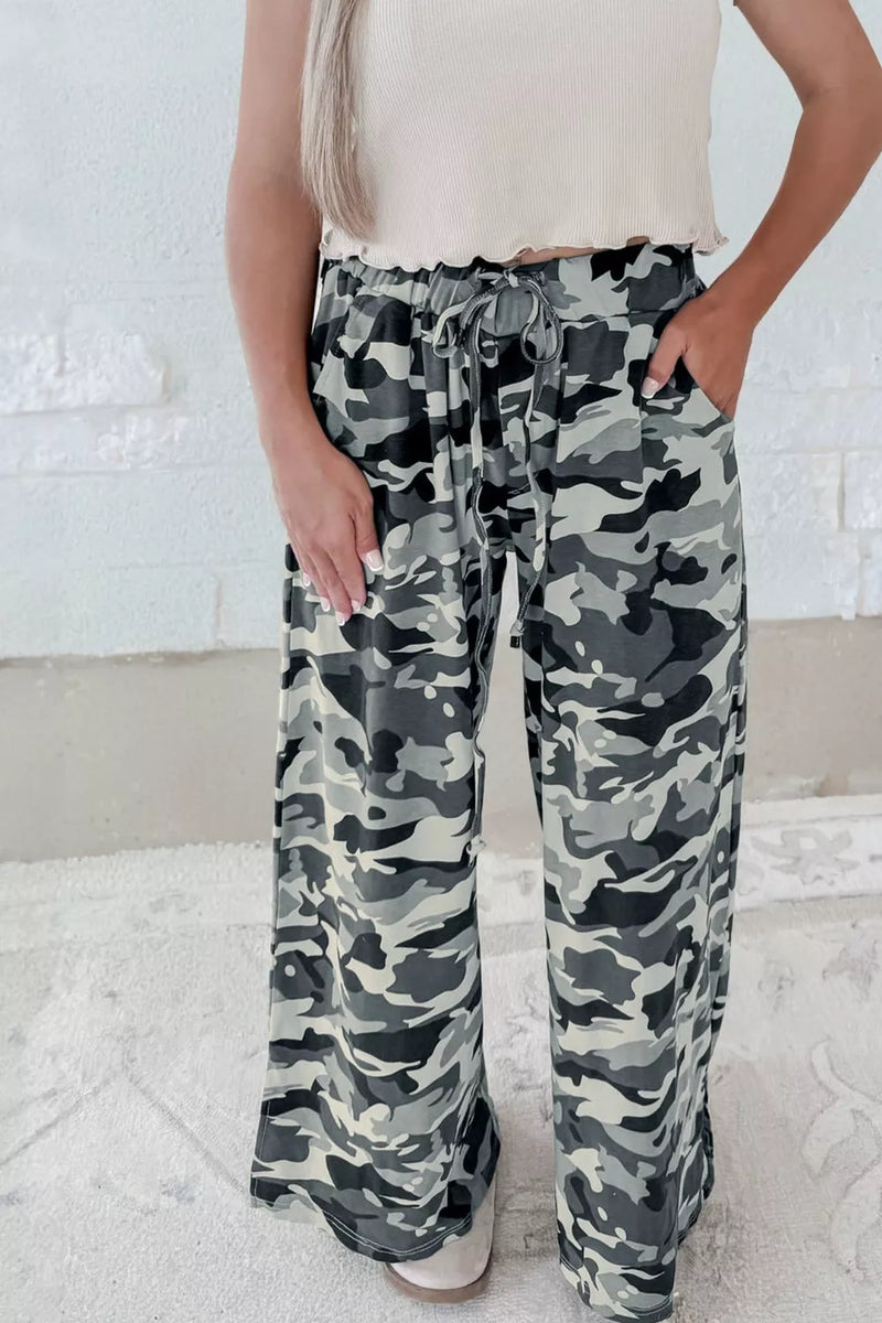 Green camouflage drawstring casual pants front view