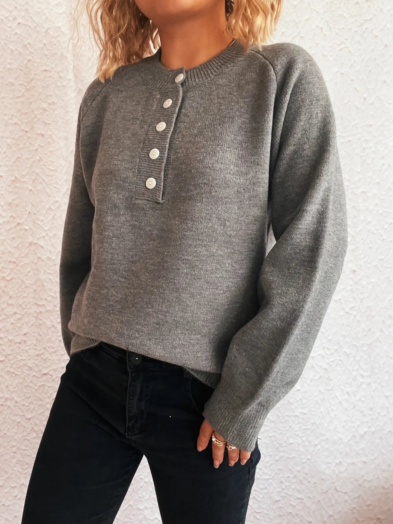Button-Front Long Sleeve Sweater - Fashorio
