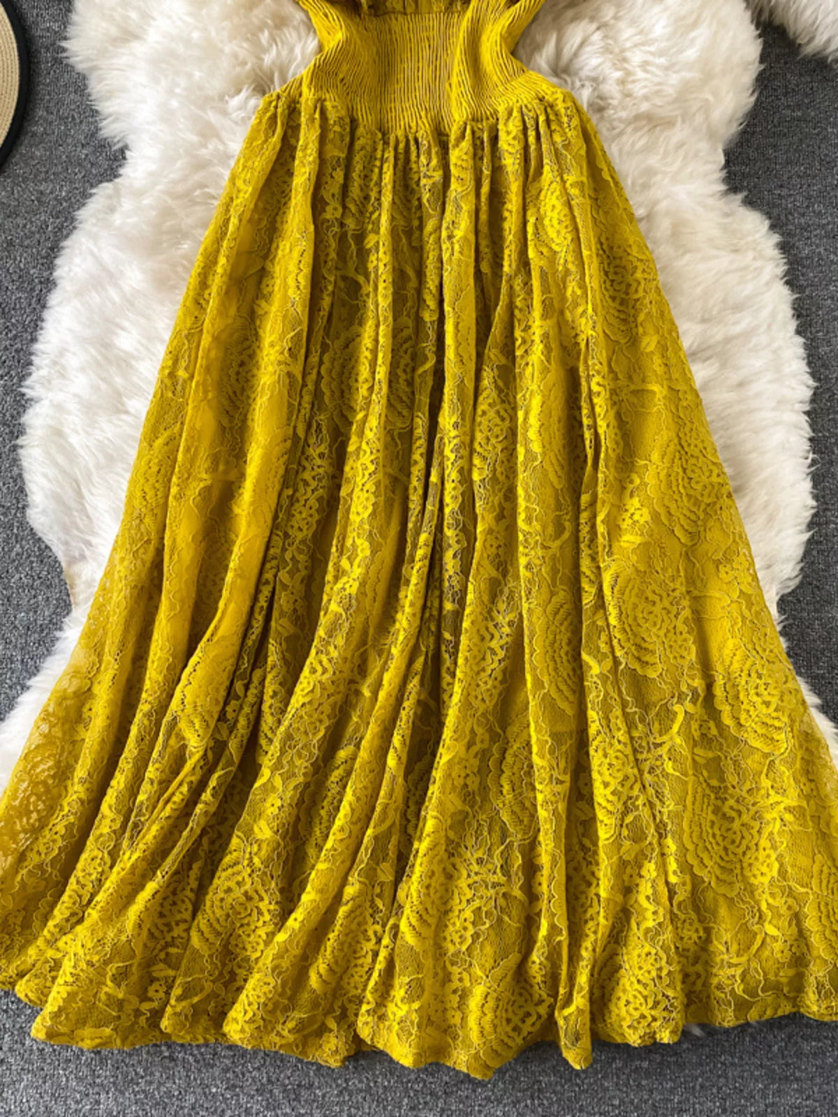 Ruffled mock neck lace maxi dress, back view