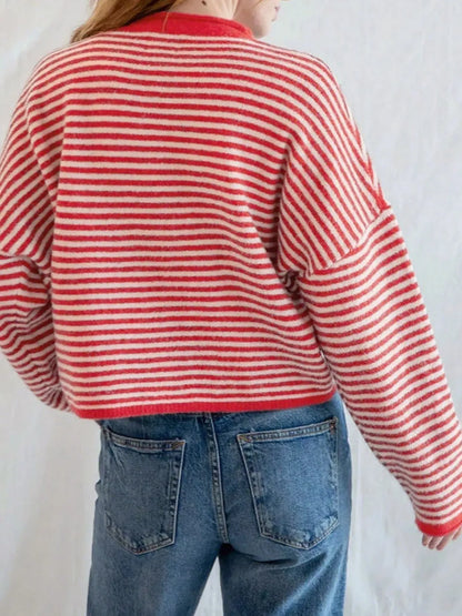 Striped Button Front Long Sleeve Cardigan - Fashorio