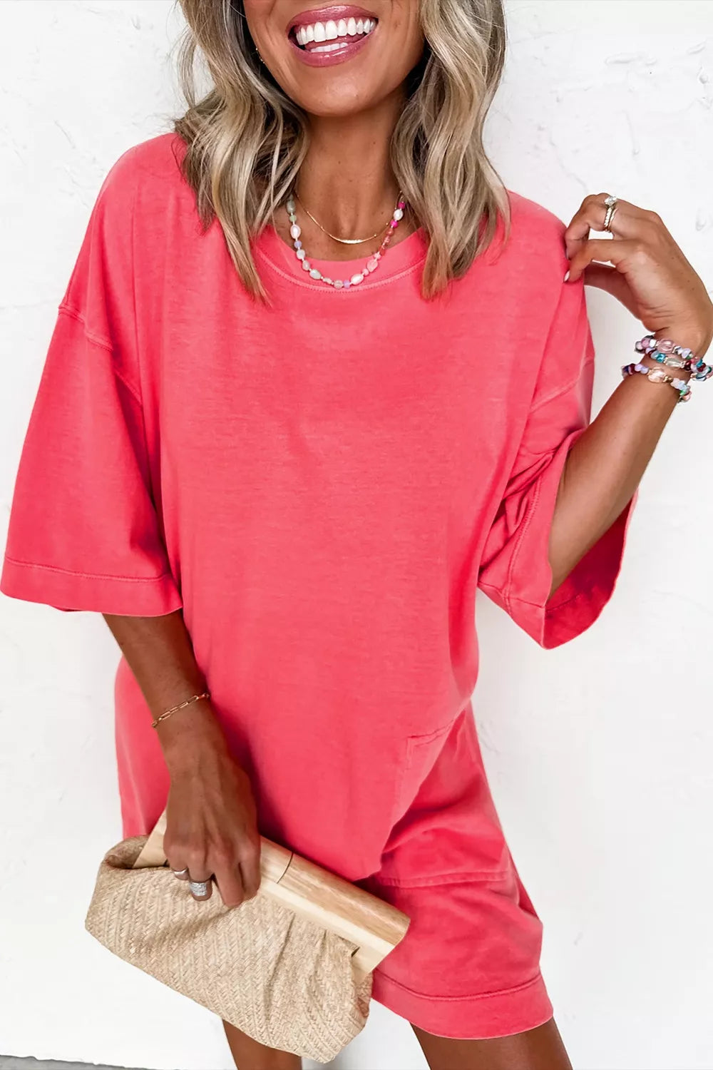 Strawberry coral drop shoulder t shirt mini dress fabric detail view