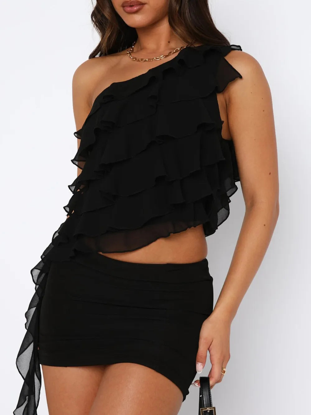 Layered ruffle tank top asymmetric neckline detail